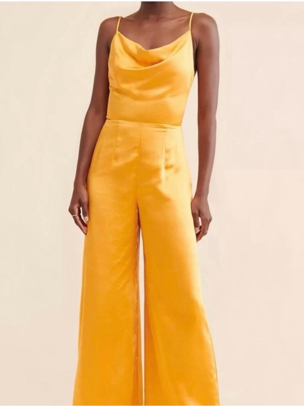 Elliat Satin Cowl-Neck Wide-Leg Jumpsuit in Mustard/Gold